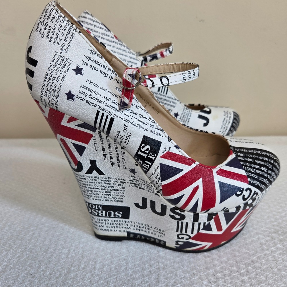 Machi Women Newspaper Union Jack Print Mary Jane Platform Wedge Shoes Size 8